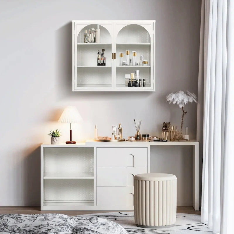 27.56Glass Doors Modern Two-door Wall Cabinet with Featuring Three-tier Storage for Entryway,with Characteristic Woven Pattern