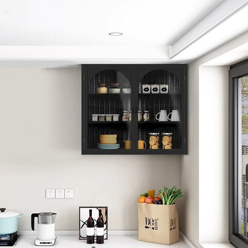 27.56Glass Doors Modern Two-door Wall Cabinet with Featuring Three-tier Storage for Entryway,with Characteristic Woven Pattern