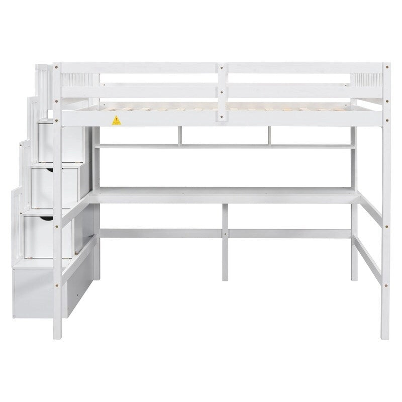 Wood Loft Bed with Built-in Desk,Bookshelves and Storage Staircase,Full Size