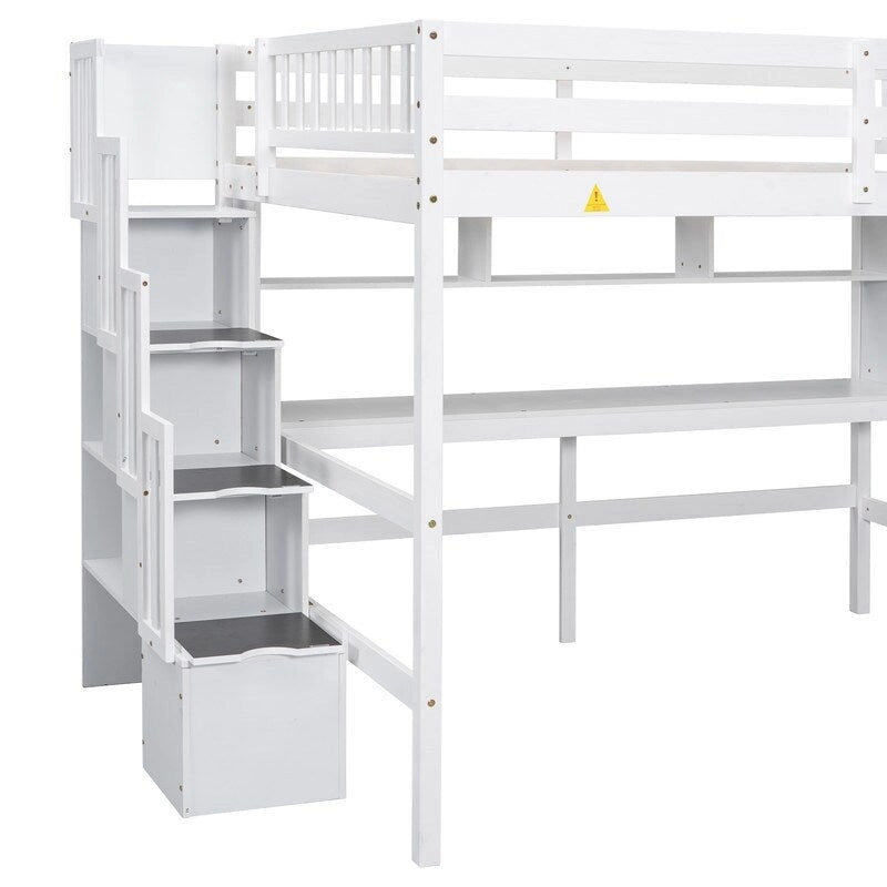 Wood Loft Bed with Built-in Desk,Bookshelves and Storage Staircase,Full Size