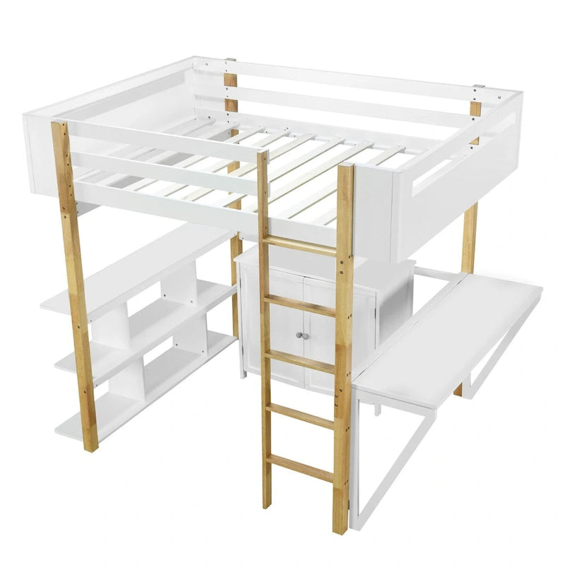 Full Size Wood Loft Bed With Cabinet and Cubes