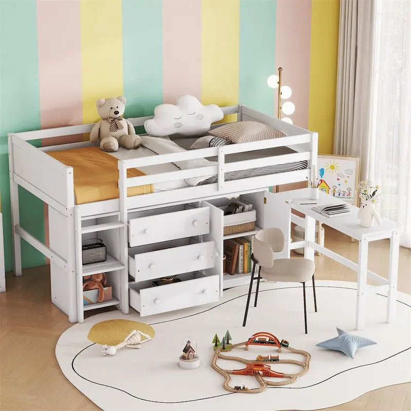Twin Size Wood Loft Bed with Pull-Out Desk,Cabinet and Shelves