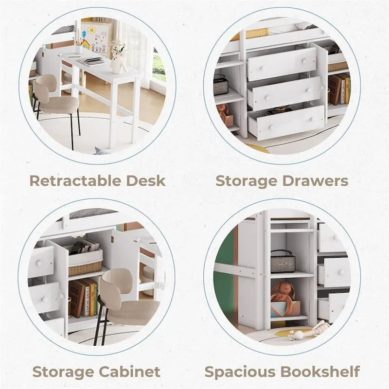 Twin Size Wood Loft Bed with Pull-Out Desk,Cabinet and Shelves