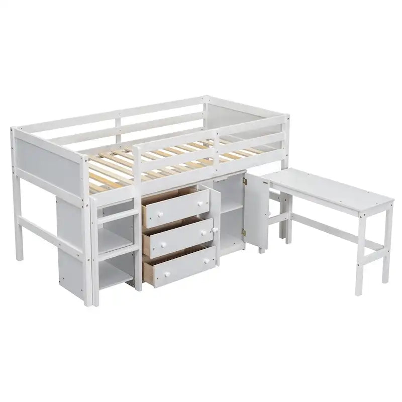 Twin Size Wood Loft Bed with Pull-Out Desk,Cabinet and Shelves