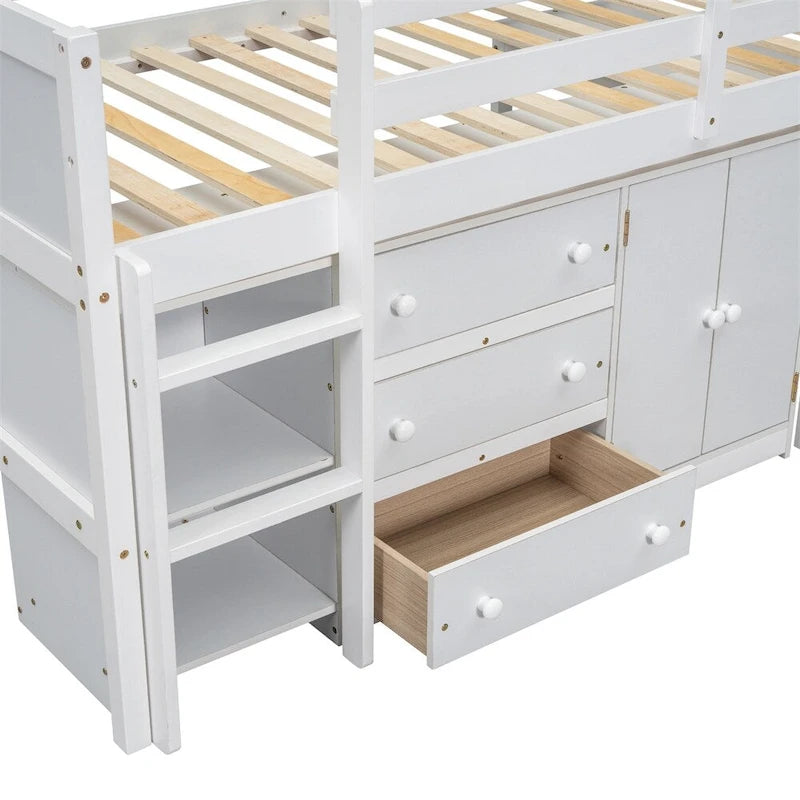 Twin Size Wood Loft Bed with Pull-Out Desk,Cabinet and Shelves