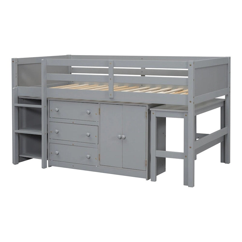 Twin Size Wood Loft Bed with Pull-Out Desk,Cabinet and Shelves