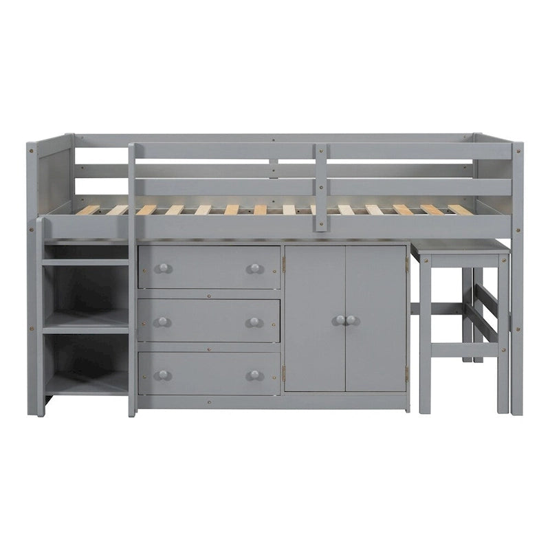 Twin Size Wood Loft Bed with Pull-Out Desk,Cabinet and Shelves
