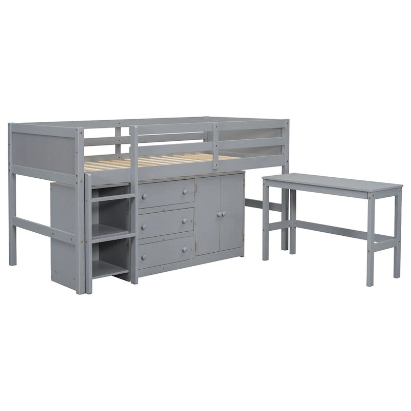 Twin Size Wood Loft Bed with Pull-Out Desk,Cabinet and Shelves