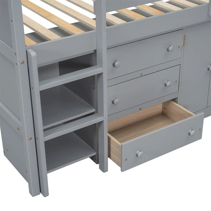 Twin Size Wood Loft Bed with Pull-Out Desk,Cabinet and Shelves