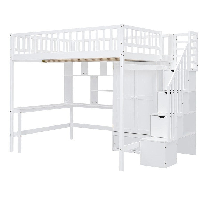 Wooden Full size Loft Bed with Bookshelf,Drawers,Desk,and Wardrobe