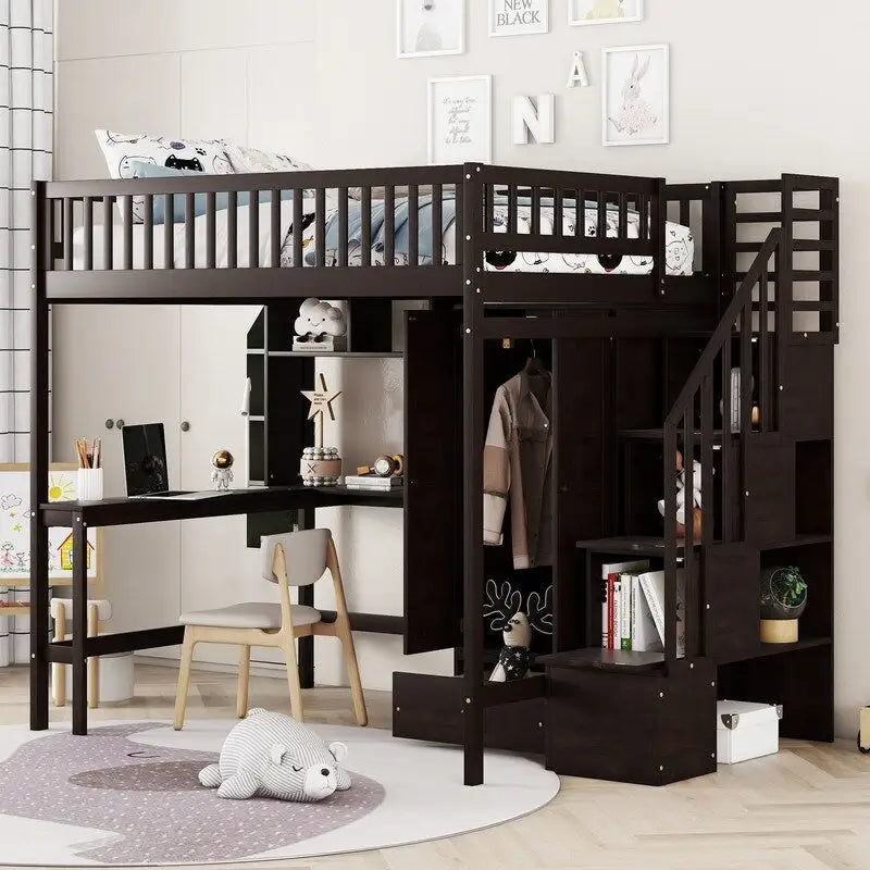 Wooden Full size Loft Bed with Bookshelf,Drawers,Desk,and Wardrobe