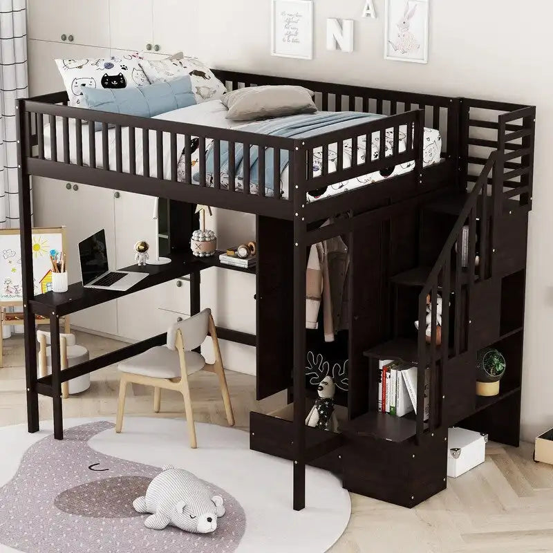 Wooden Full size Loft Bed with Bookshelf,Drawers,Desk,and Wardrobe