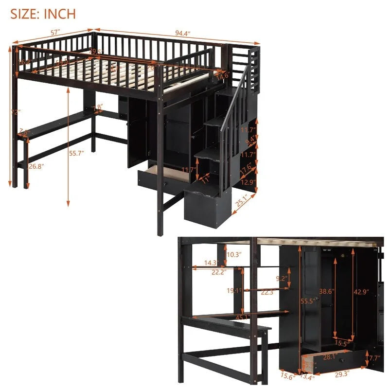 Wooden Full size Loft Bed with Bookshelf,Drawers,Desk,and Wardrobe