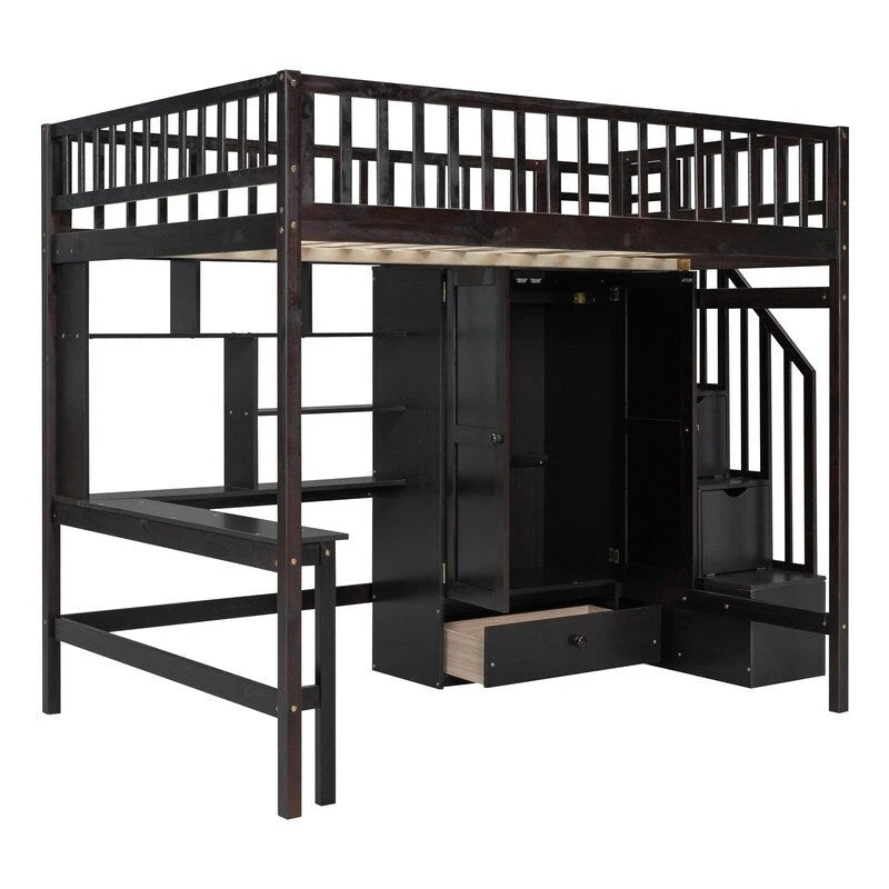 Wooden Full size Loft Bed with Bookshelf,Drawers,Desk,and Wardrobe