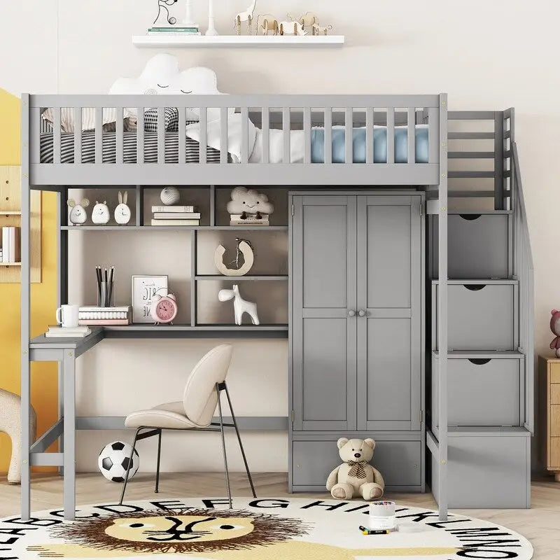 Wooden Full size Loft Bed with Bookshelf,Drawers,Desk,and Wardrobe