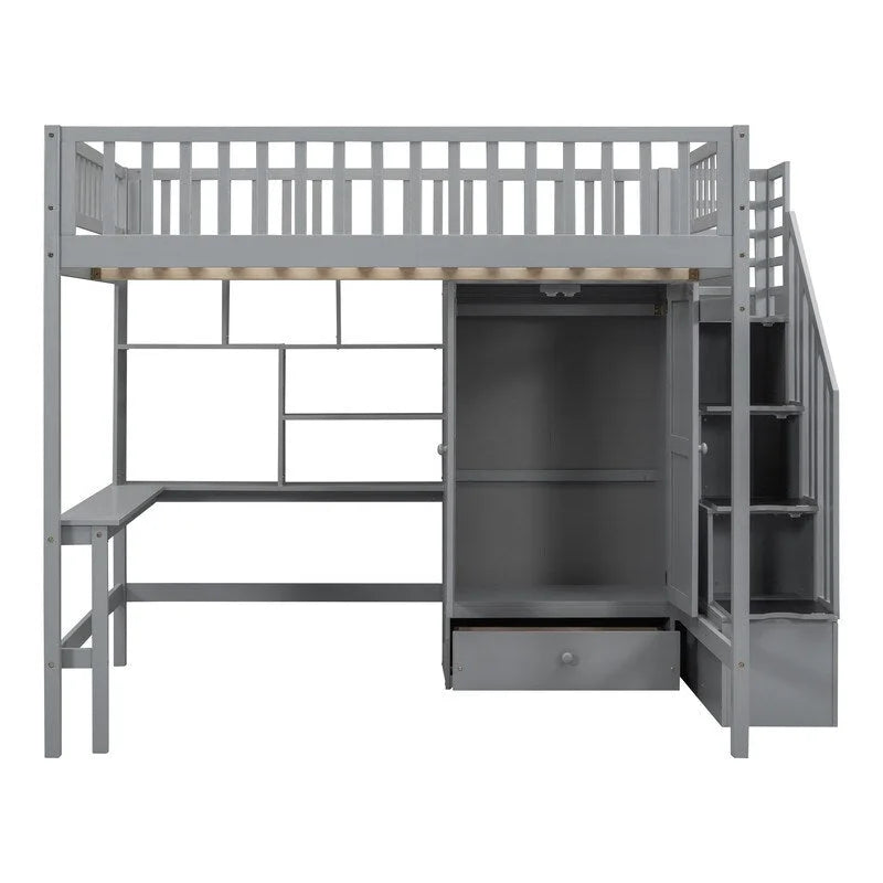 Wooden Full size Loft Bed with Bookshelf,Drawers,Desk,and Wardrobe