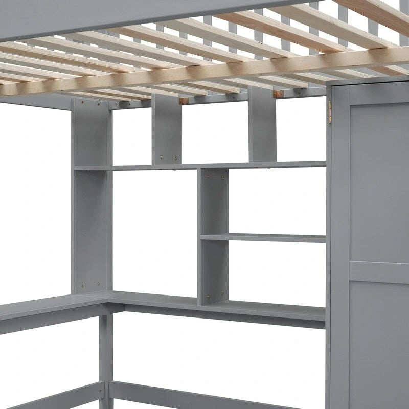 Wooden Full size Loft Bed with Bookshelf,Drawers,Desk,and Wardrobe