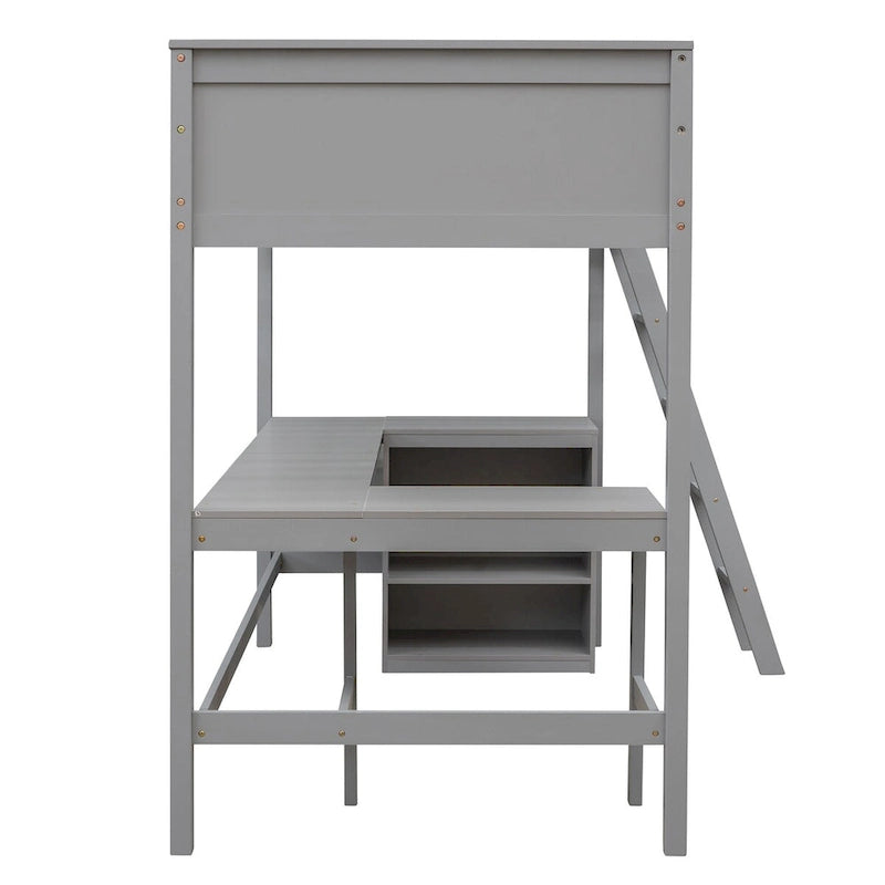 win Size Loft Bed with Shelves and Desk for Kids Teens Aldults, Wooden Loft Bed Frame with Lnclined Ladder and Safety Guardrail