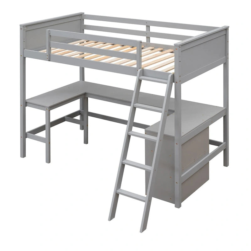 win Size Loft Bed with Shelves and Desk for Kids Teens Aldults, Wooden Loft Bed Frame with Lnclined Ladder and Safety Guardrail