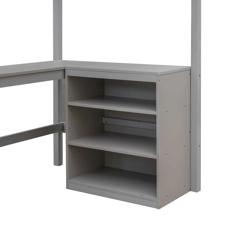 win Size Loft Bed with Shelves and Desk for Kids Teens Aldults, Wooden Loft Bed Frame with Lnclined Ladder and Safety Guardrail