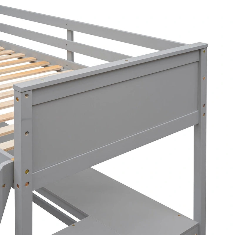 win Size Loft Bed with Shelves and Desk for Kids Teens Aldults, Wooden Loft Bed Frame with Lnclined Ladder and Safety Guardrail