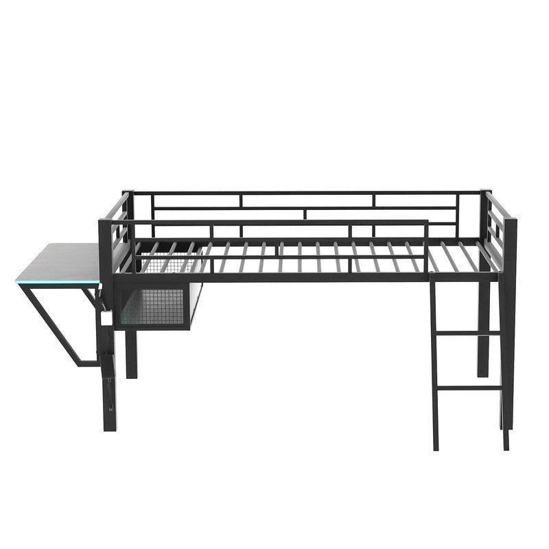 Twin/Full Size Gaming Mid Loft Bed with Gaming Desk and LED Lights, Low Metal Loft Bedframe with Ladder for Kids Teens
