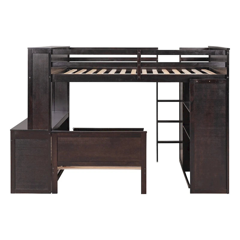 Full Size Loft Bed with a Twin Size Stand-Alone Bed, Shelves and Desk & Wardrobe