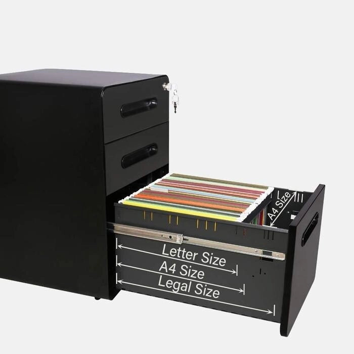 ApexDesk 3-Drawer Metal Mobile File Cabinet with Locking Keys & Casters