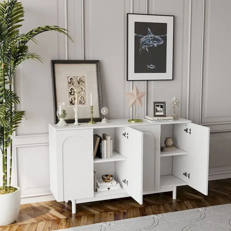 Functional 4-Door Intaglio Storage Cabinet with Pine Legs