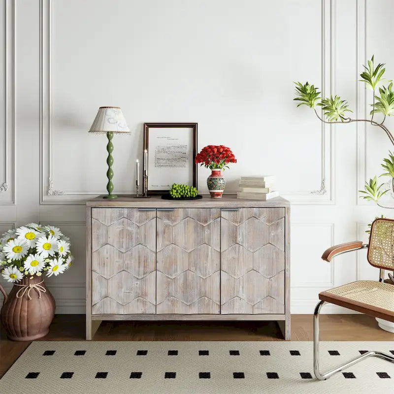 3 Door Wooden Cabinet Sideboard Buffet - N/A