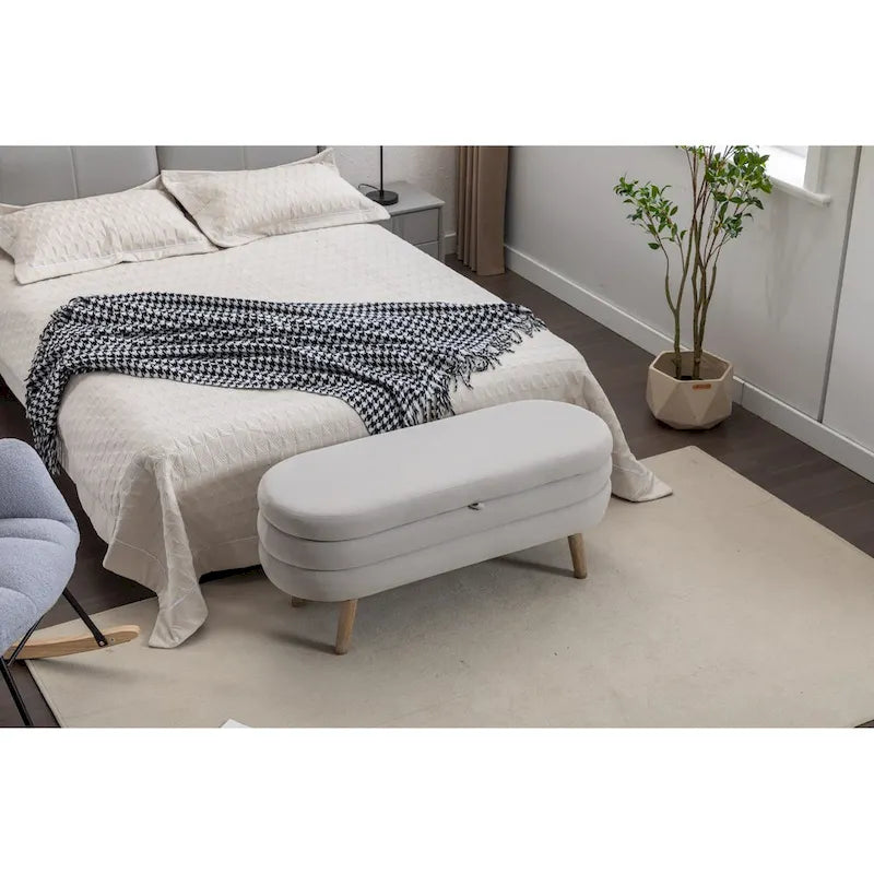 Velvet Fabric Storage Bench Bedroom Bench With Wood Legs For Living Room Bedroom Indoor,Light Gray