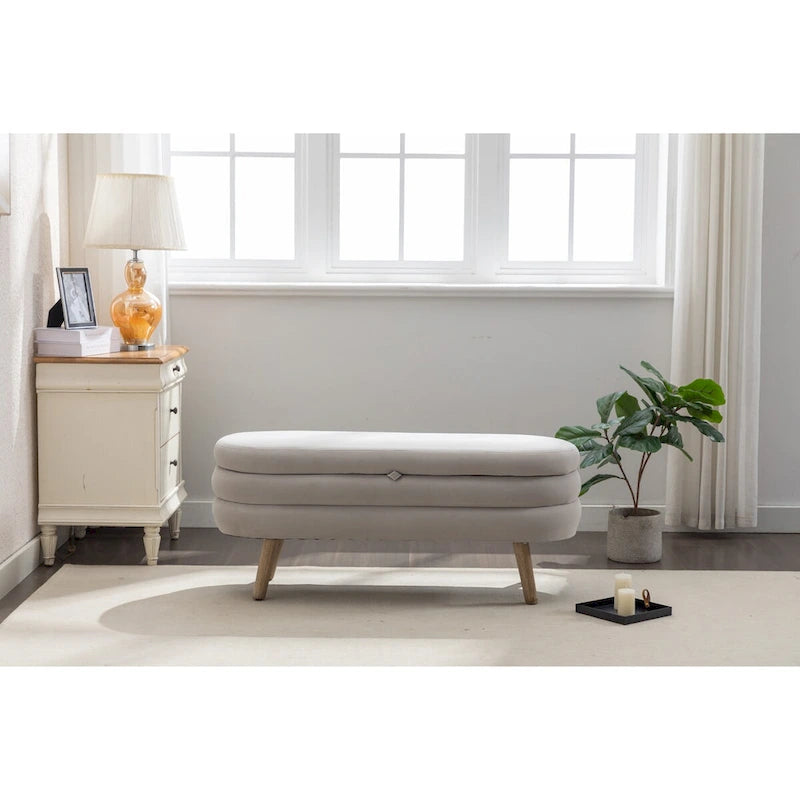 Velvet Fabric Storage Bench Bedroom Bench With Wood Legs For Living Room Bedroom Indoor,Light Gray