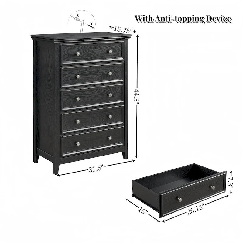 5 Storage Drawers Dresser Cabinet