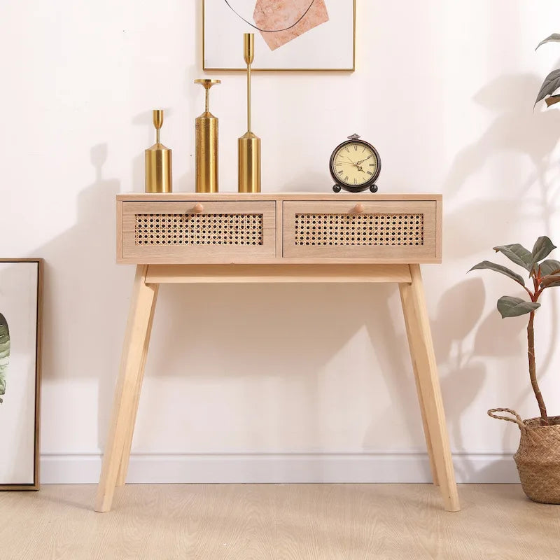 Side table with two real rattan drawers, solid wood table legs,can be used in the dining room, living room,bedroom