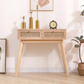 Side table with two real rattan drawers, solid wood table legs,can be used in the dining room, living room,bedroom