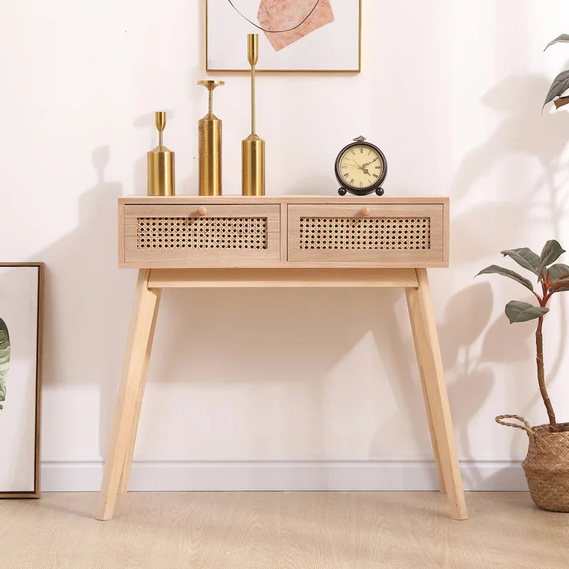 Side table with two real rattan drawers, solid wood table legs,can be used in the dining room, living room,bedroom
