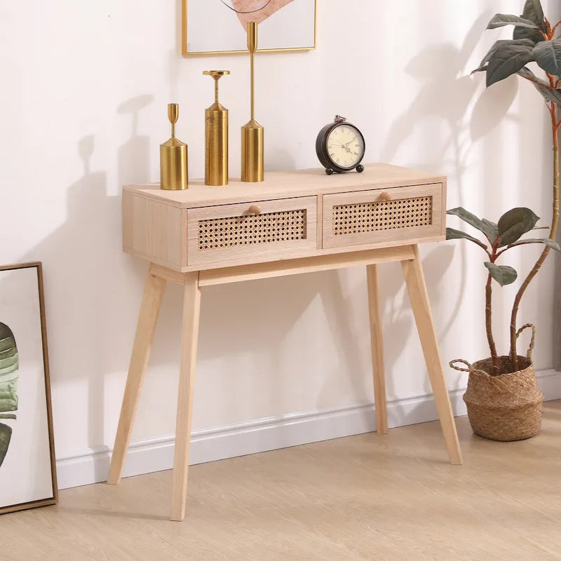 Side table with two real rattan drawers, solid wood table legs,can be used in the dining room, living room,bedroom