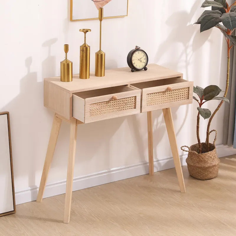 Side table with two real rattan drawers, solid wood table legs,can be used in the dining room, living room,bedroom