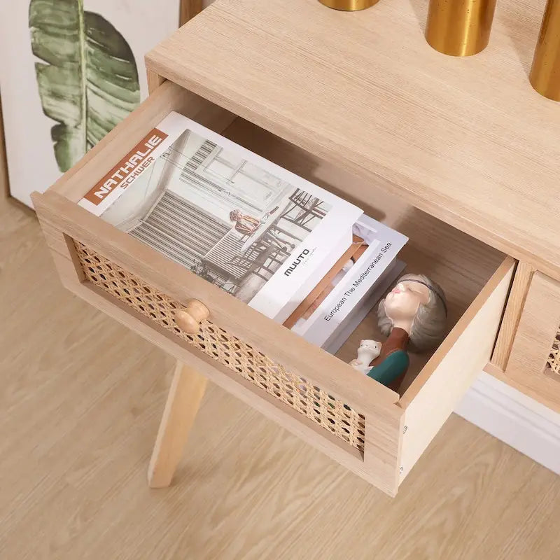 Side table with two real rattan drawers, solid wood table legs,can be used in the dining room, living room,bedroom