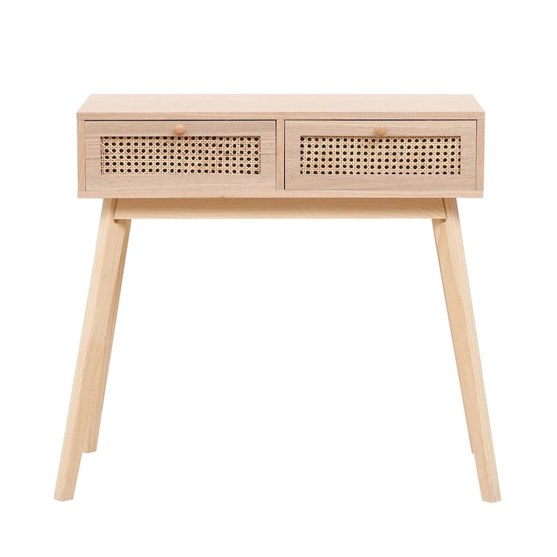 Side table with two real rattan drawers, solid wood table legs,can be used in the dining room, living room,bedroom
