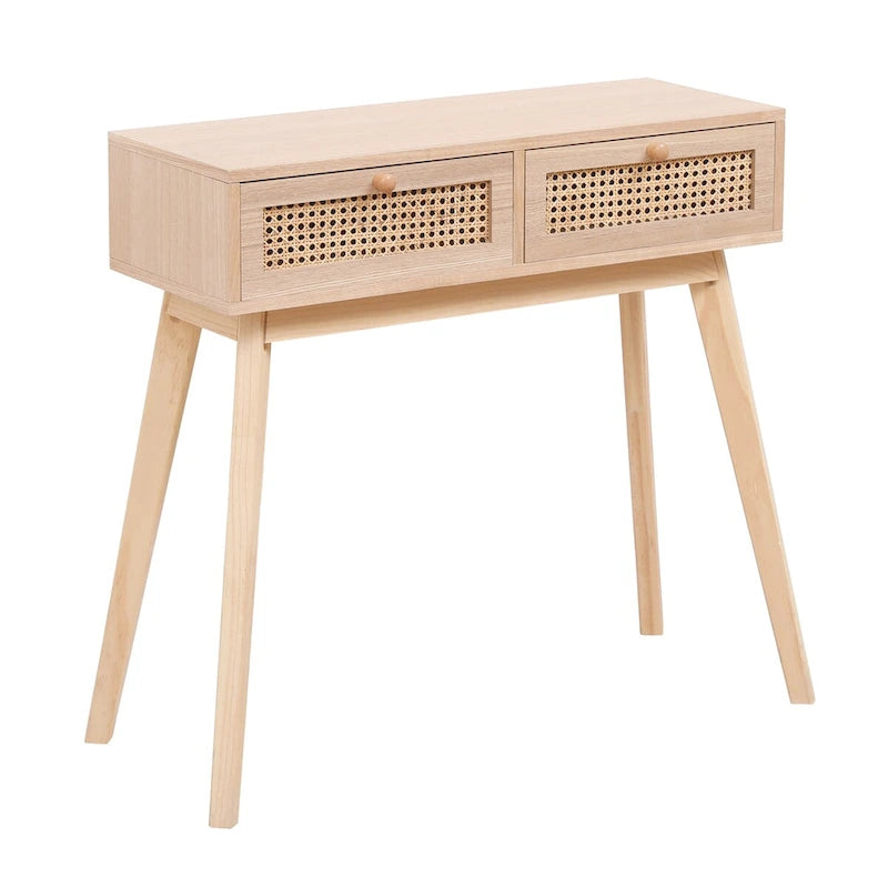 Side table with two real rattan drawers, solid wood table legs,can be used in the dining room, living room,bedroom