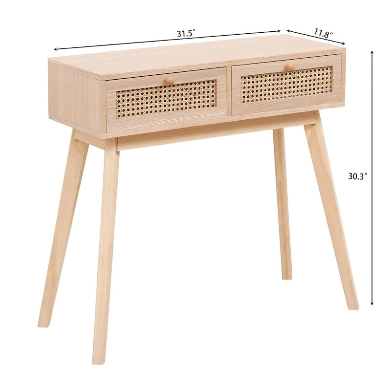 Side table with two real rattan drawers, solid wood table legs,can be used in the dining room, living room,bedroom