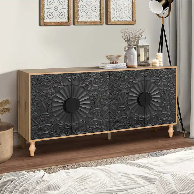 Black Carved Symmetrical Design Door And Wood Coloured Frame