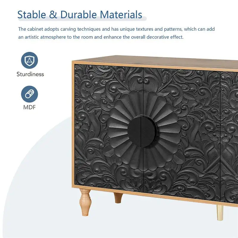 Black Carved Symmetrical Design Door And Wood Coloured Frame