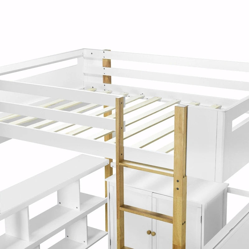 Wood Loft Bed With Built-in Storage Cabinet, Cubes, and Foldable Desk