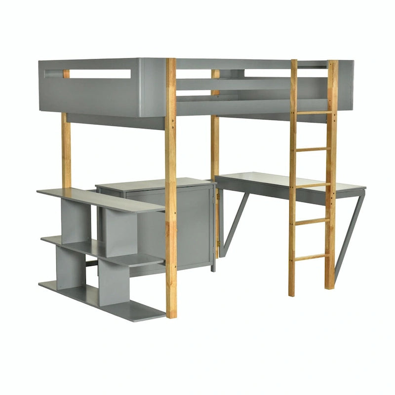 Wood Loft Bed With Built-in Storage Cabinet, Cubes, and Foldable Desk