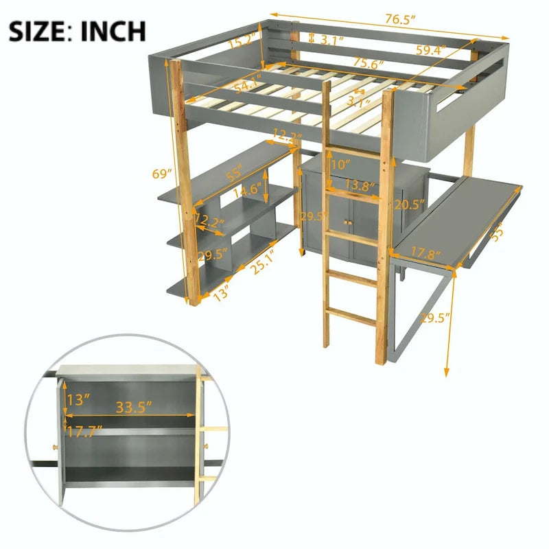 Wood Loft Bed With Built-in Storage Cabinet, Cubes, and Foldable Desk