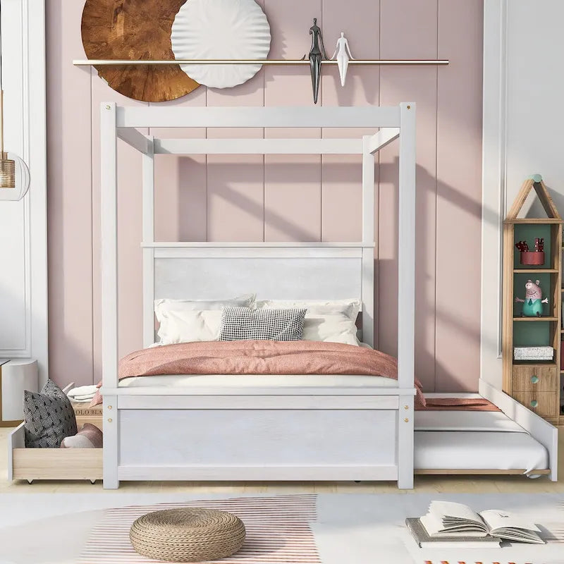 Wood Full Canopy Bed with Included Trundle for Additional Sleep Space