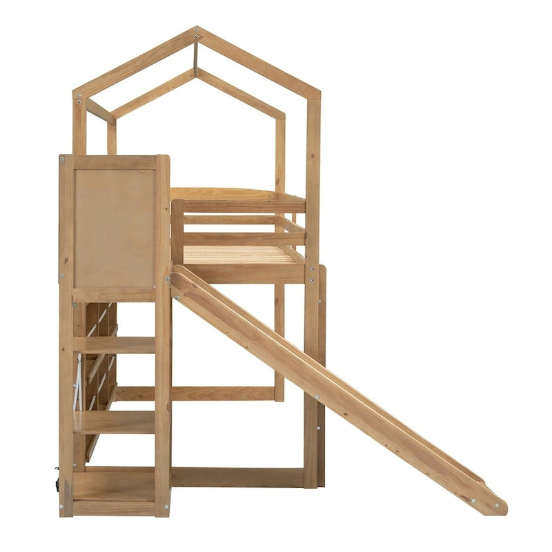Twin Size Wood Loft Bed with Slide and Storage Shelves