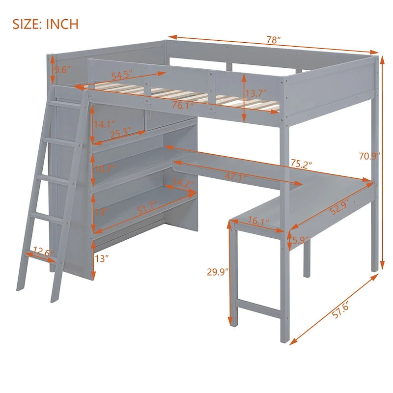 Nestfair Full Size Loft Bed with Desk and Shelf